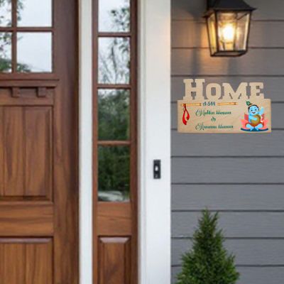 Personalized Lord Krishna Theme Wooden Name Plate For Home Entrance, Flat & Office  Laddu Gopal Wall Decor for Main Door Custom With Name & Flat Number